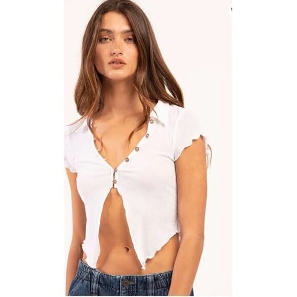 Urban Outfitters BDG Top Lettuce Trim Collared Sheer Blouse Button Size S - Picture 1 of 5